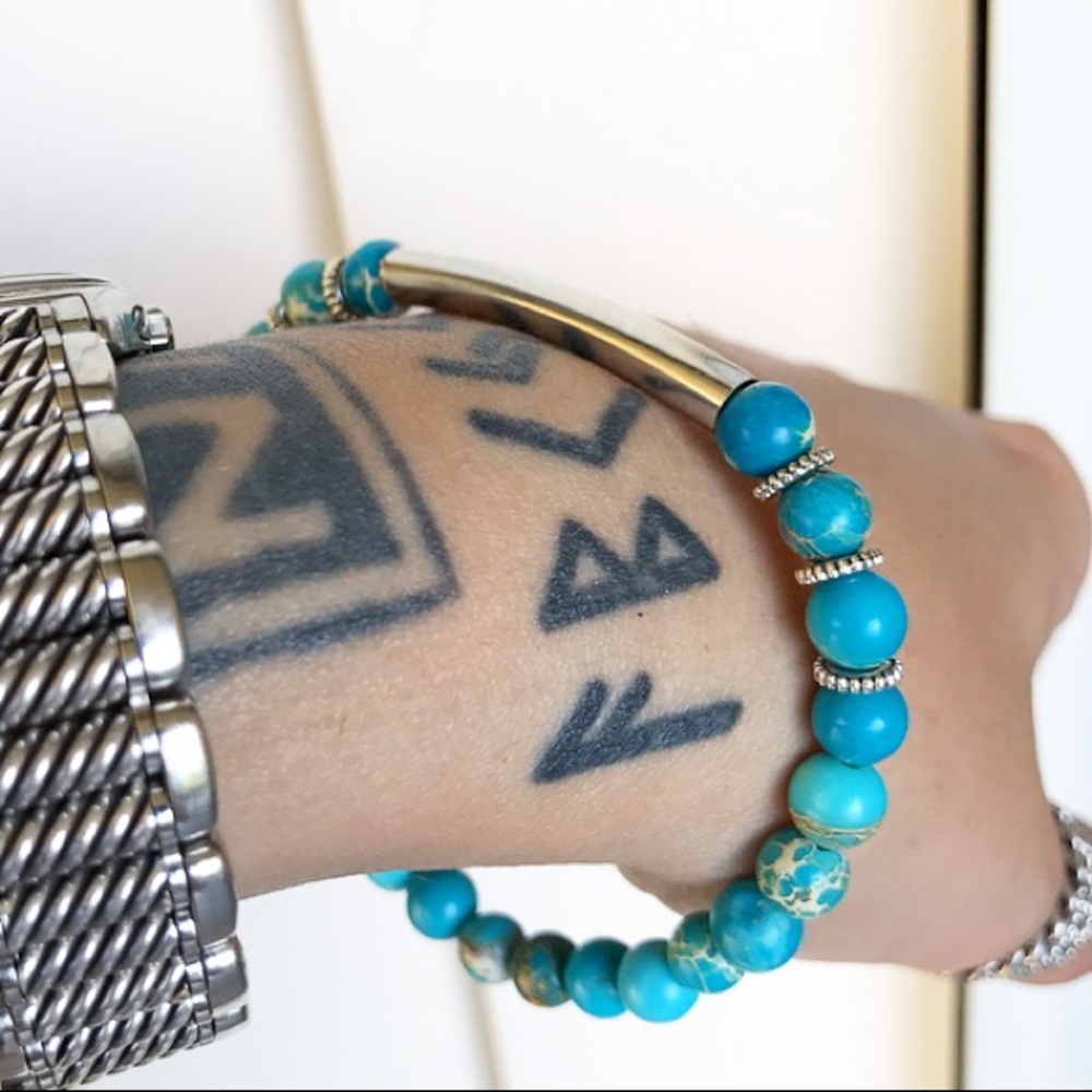 blue sea jasper silver bar bead bracelet